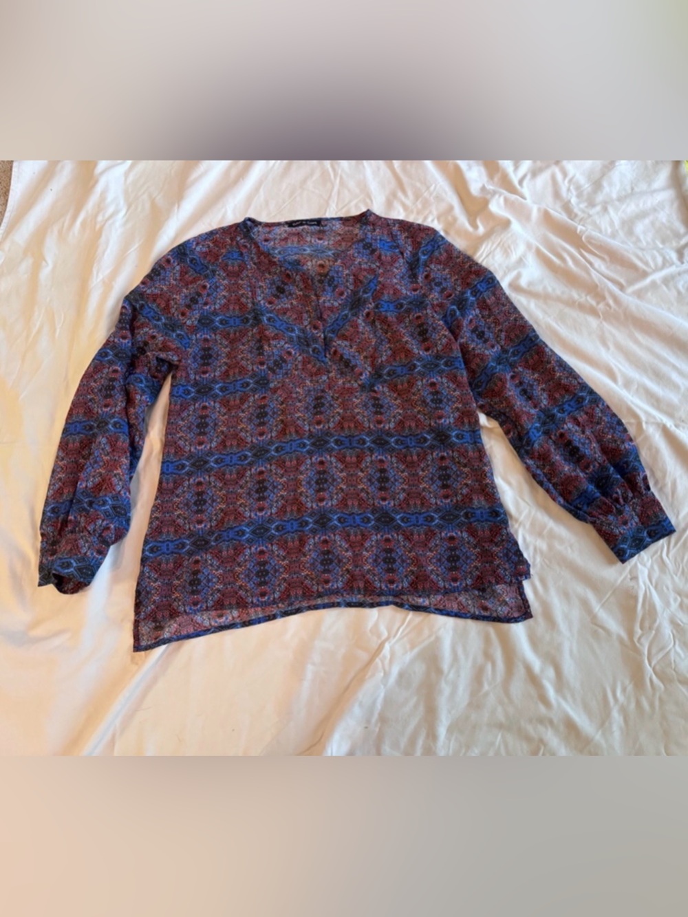 Violet & Claire Printed Sheer Blouse in Blue and Burgundy